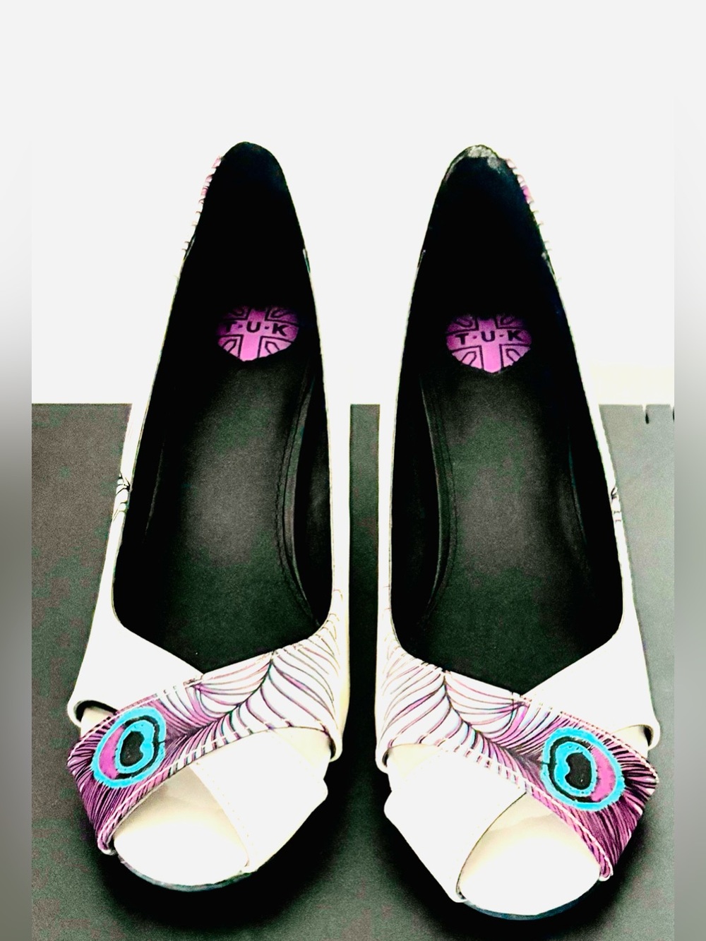 T.U.K White Peep-Toe Heels with Purple & Teal Peacock Accent Size 9